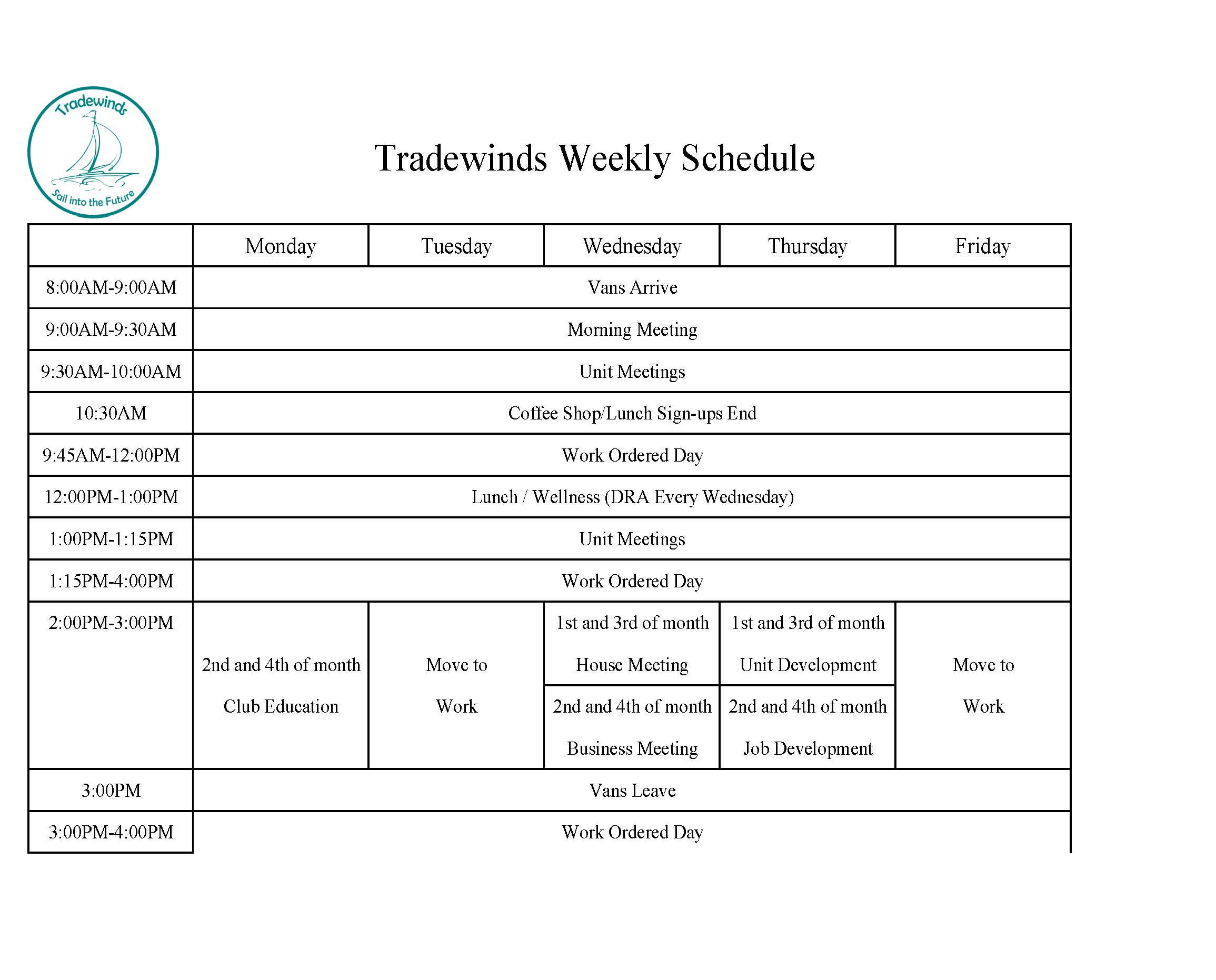 An image of the Tradewinds weekly schedule in black text.